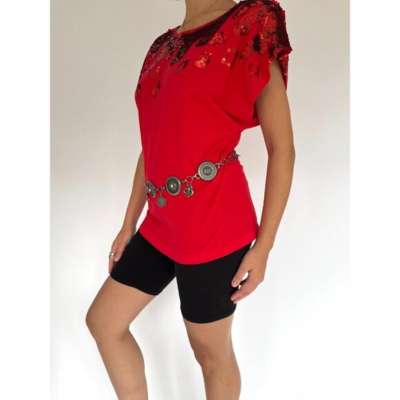 80s vintage red sequin embellished funky cotton short sleeved tee shirt large - Picture 3 of 9